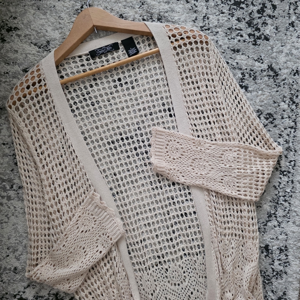 Crochet Boho Open Cardigan Sweater Womens L Festival Cottagecore 90s Cream - Picture 2 of 5